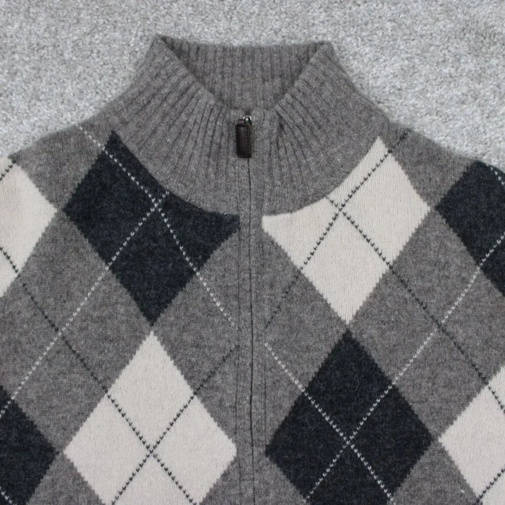 J Crew Lambswool‎ Sweater Mens Large Gray/Blue Argyle Full Zip L/S Sweatshirt